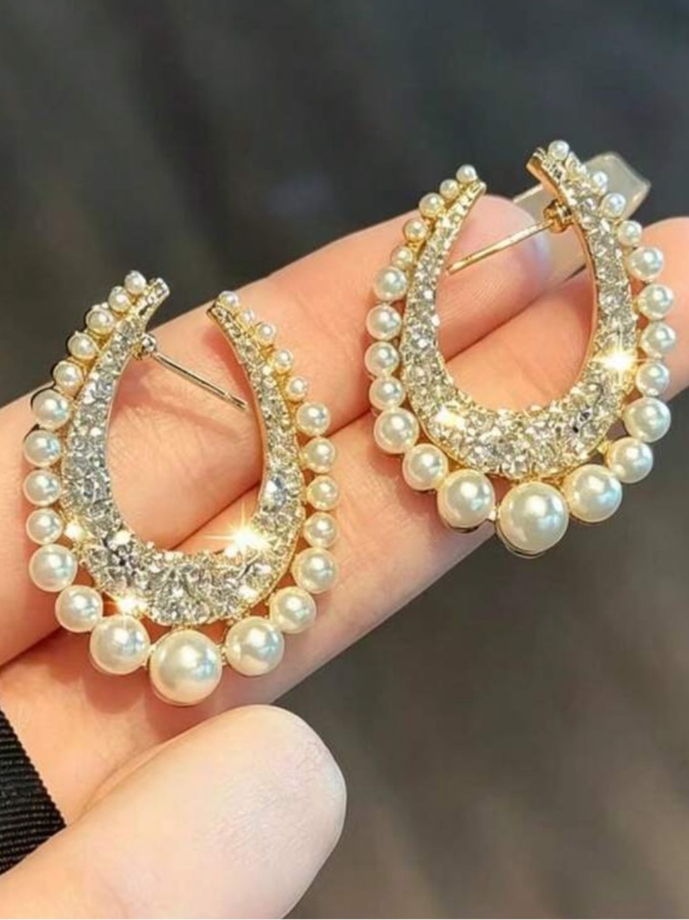 Pearl-Trim Gold Teardrop Hoop Earrings - Picture 2 of 3